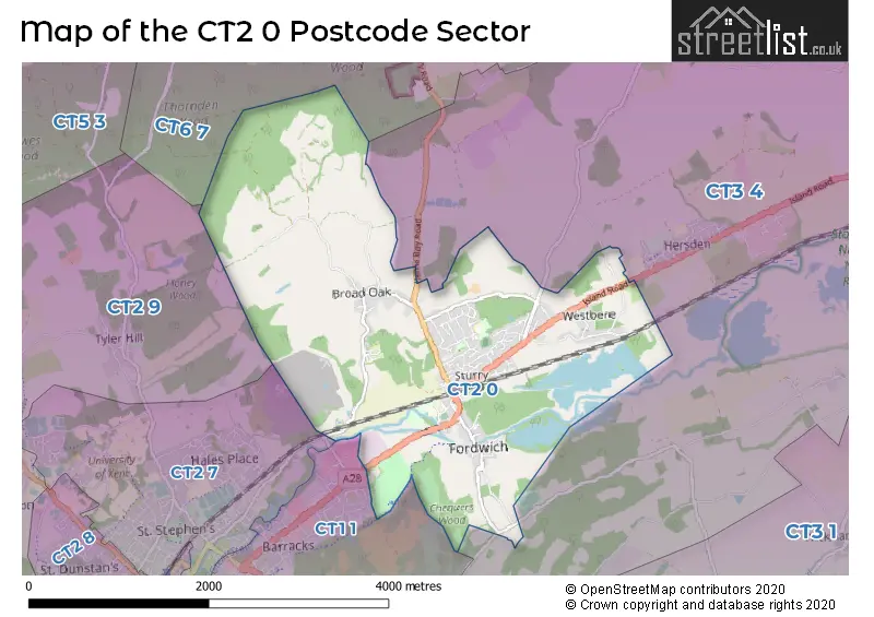 Map of the CT2 0 and surrounding postcode sector