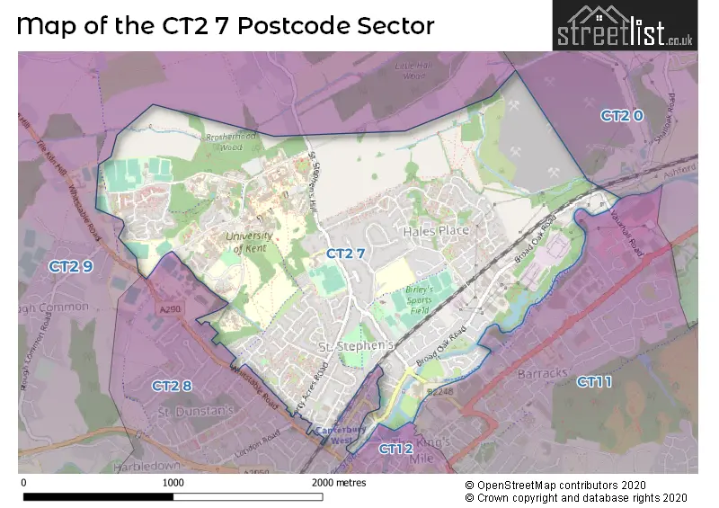 Map of the CT2 7 and surrounding postcode sector