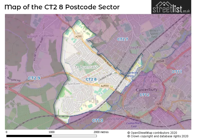 Map of the CT2 8 and surrounding postcode sector