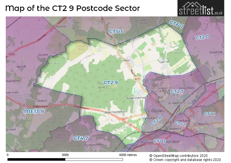 Map of the CT2 9 and surrounding postcode sector