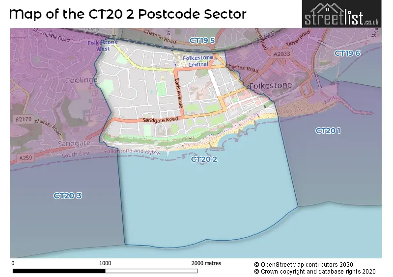 Map of the CT20 2 and surrounding postcode sector