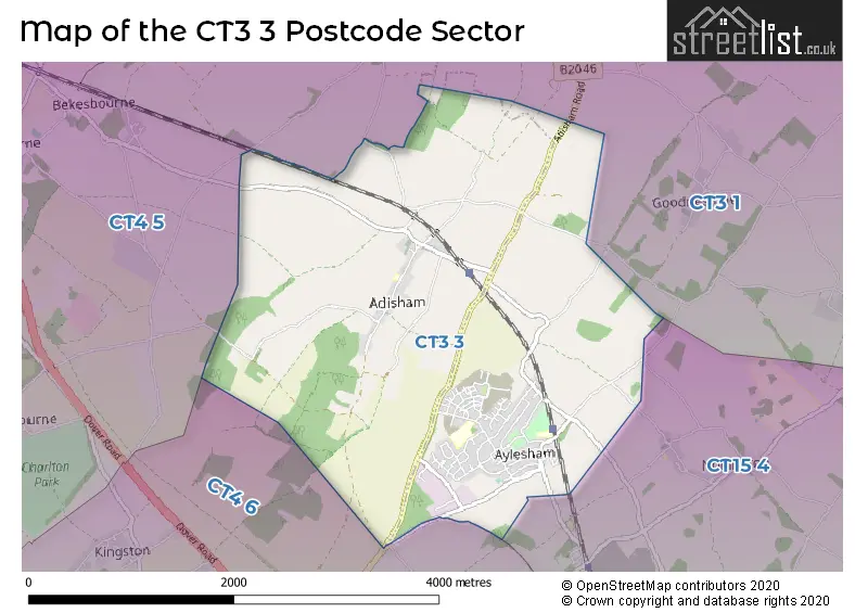 Map of the CT3 3 and surrounding postcode sector