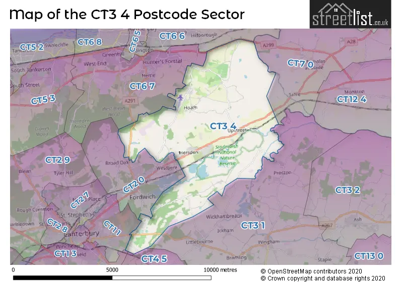 Map of the CT3 4 and surrounding postcode sector