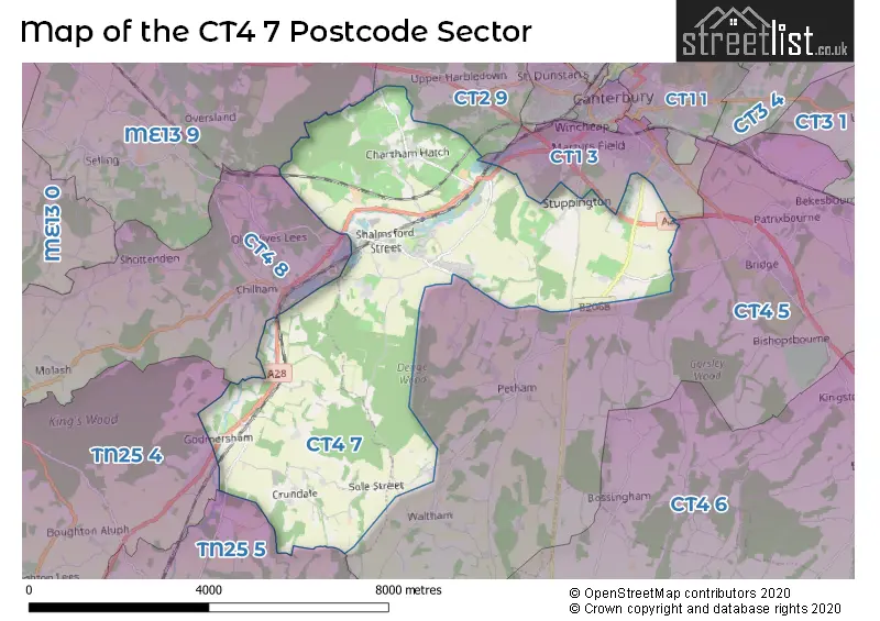 Map of the CT4 7 and surrounding postcode sector