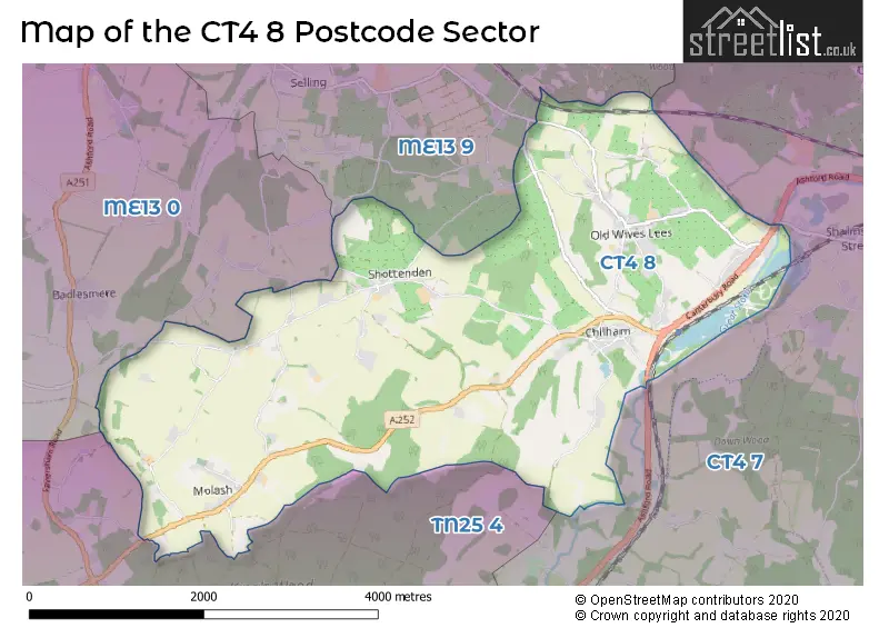 Map of the CT4 8 and surrounding postcode sector