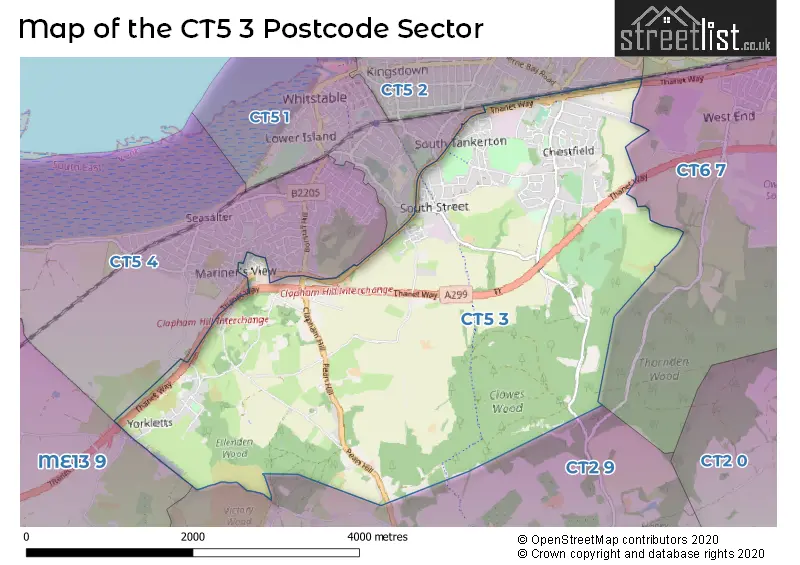 Map of the CT5 3 and surrounding postcode sector