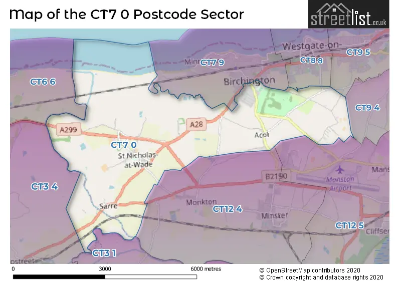 Map of the CT7 0 and surrounding postcode sector
