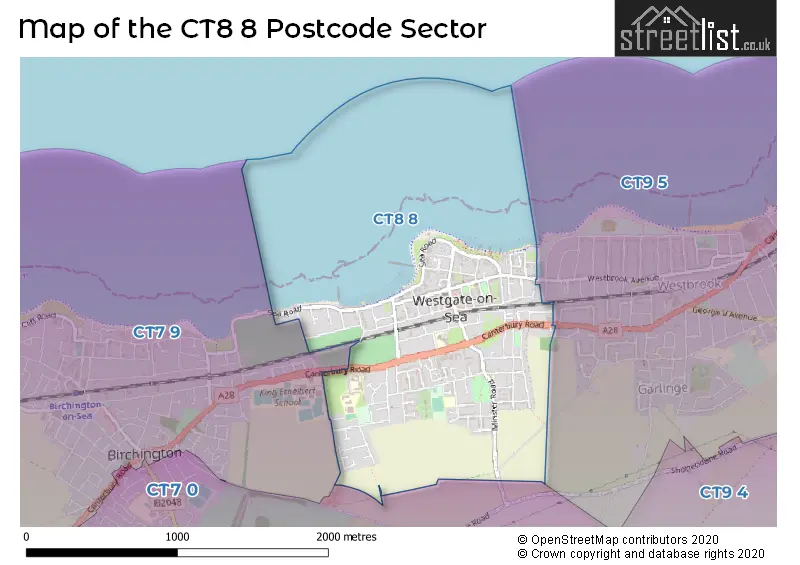 Map of the CT8 8 and surrounding postcode sector