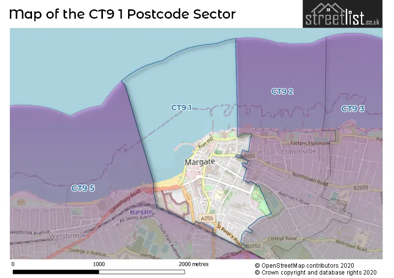 Map of the CT9 1 and surrounding postcode sector