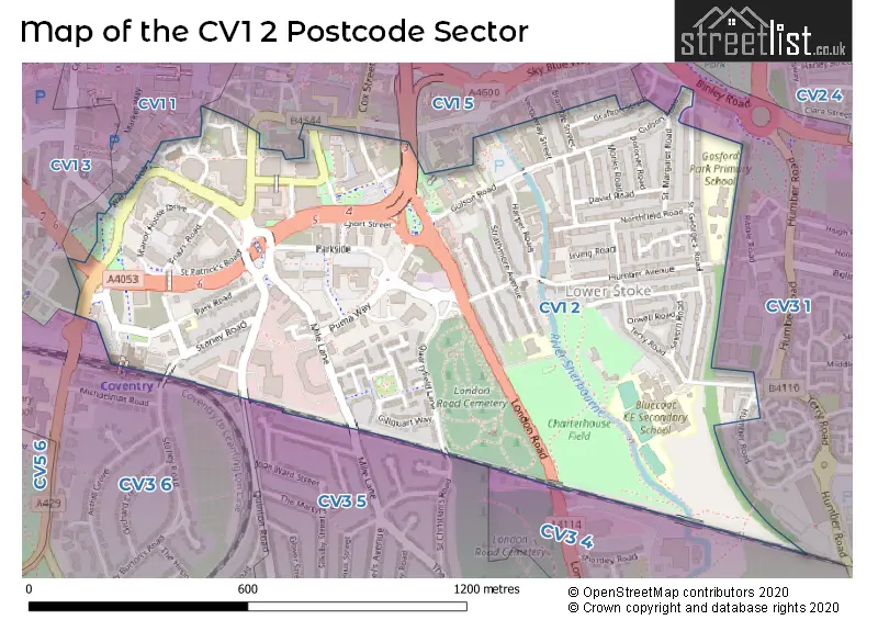 Map of the CV1 2 and surrounding postcode sector