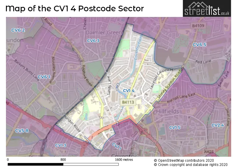 Map of the CV1 4 and surrounding postcode sector