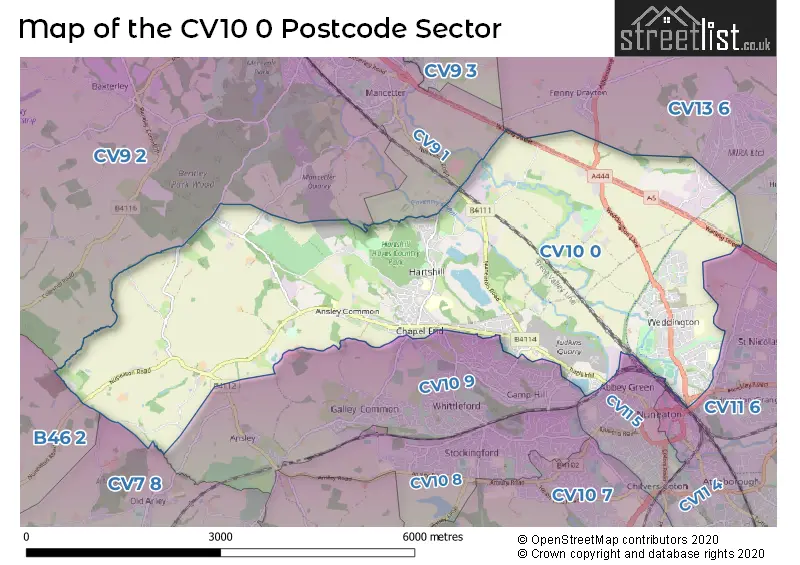 Map of the CV10 0 and surrounding postcode sector