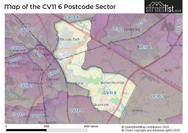 Map of the CV11 6 and surrounding postcode sector