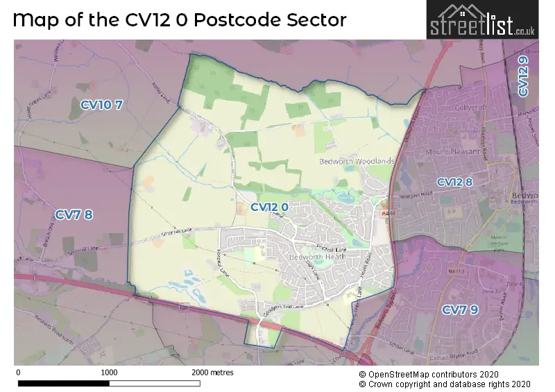 Map of the CV12 0 and surrounding postcode sector