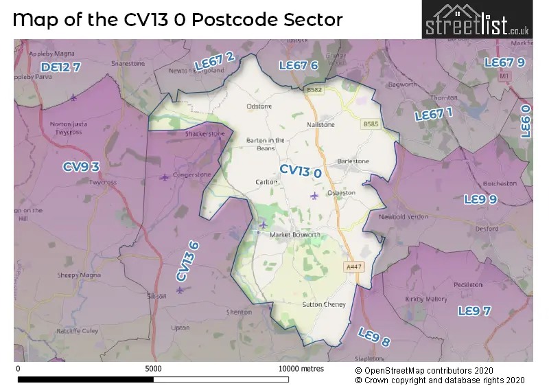 Map of the CV13 0 and surrounding postcode sector