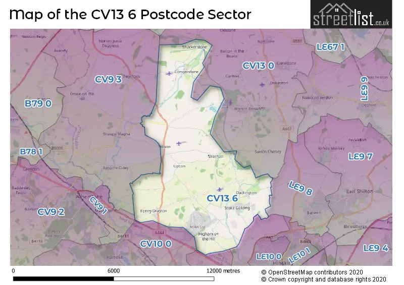 Map of the CV13 6 and surrounding postcode sector
