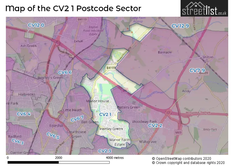 Map of the CV2 1 and surrounding postcode sector