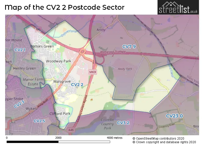 Map of the CV2 2 and surrounding postcode sector