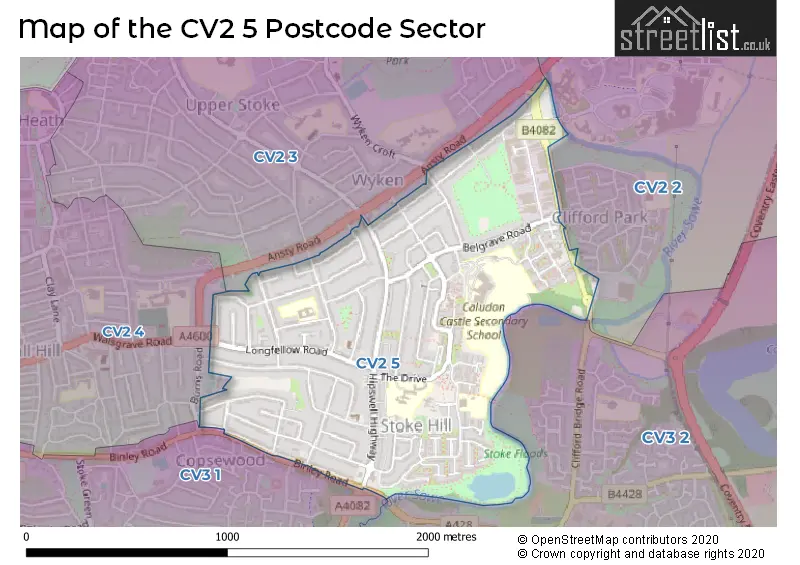 Map of the CV2 5 and surrounding postcode sector
