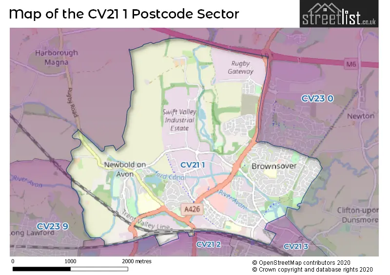 Map of the CV21 1 and surrounding postcode sector