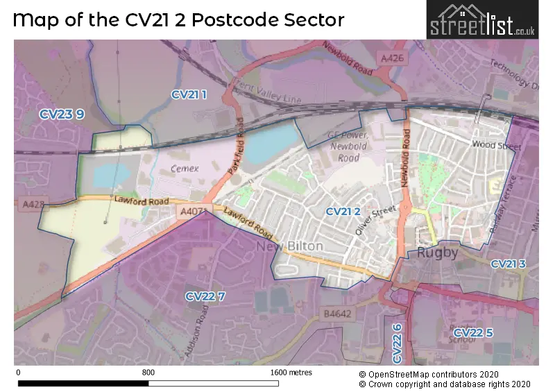 Map of the CV21 2 and surrounding postcode sector
