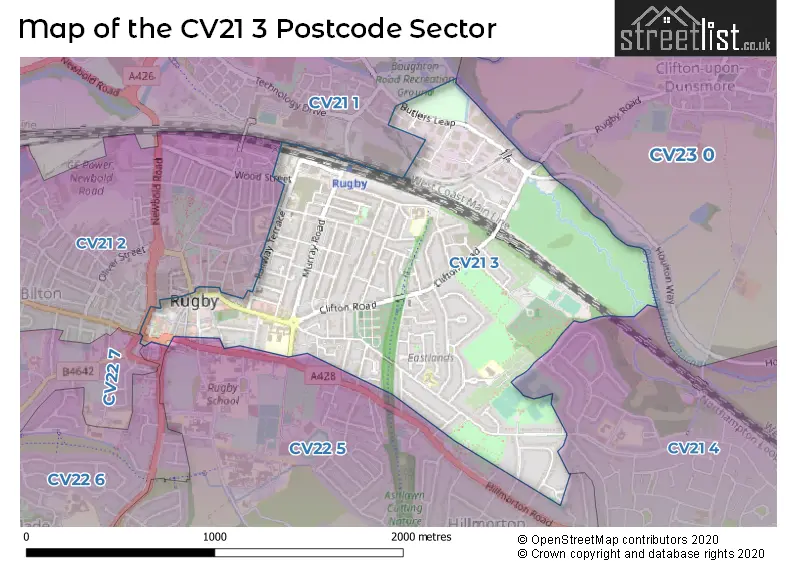 Map of the CV21 3 and surrounding postcode sector