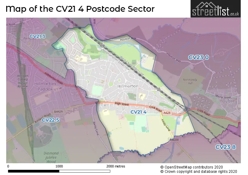 Map of the CV21 4 and surrounding postcode sector