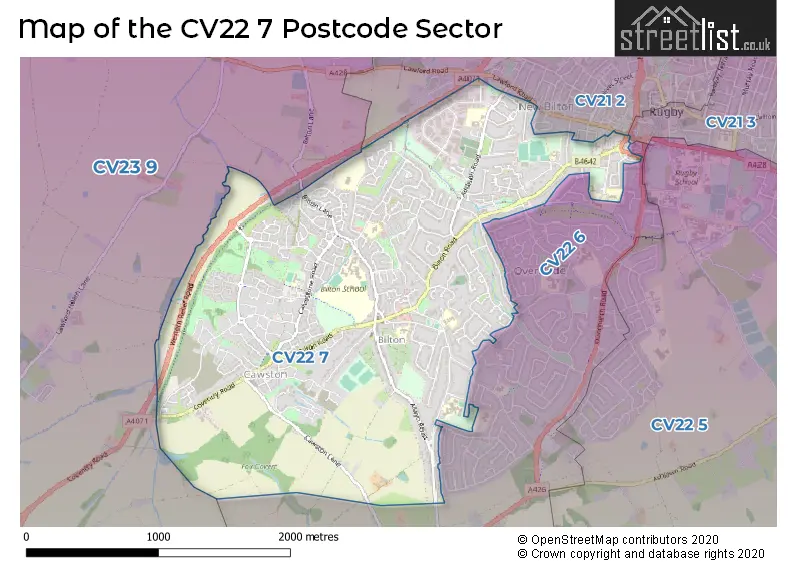 Map of the CV22 7 and surrounding postcode sector
