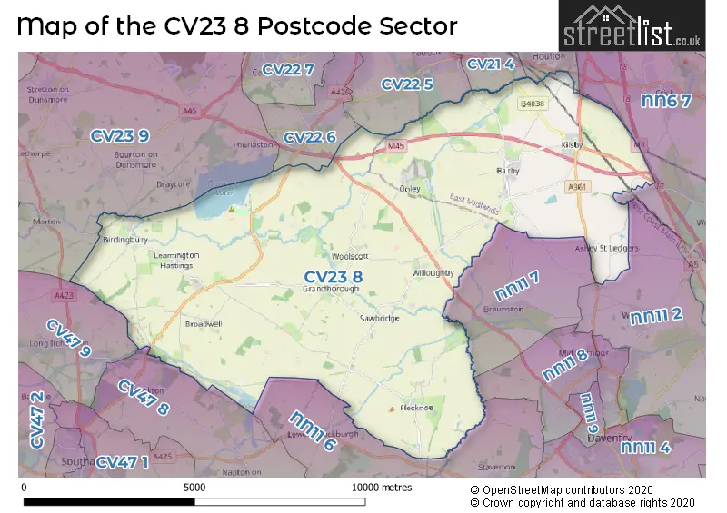 Map of the CV23 8 and surrounding postcode sector