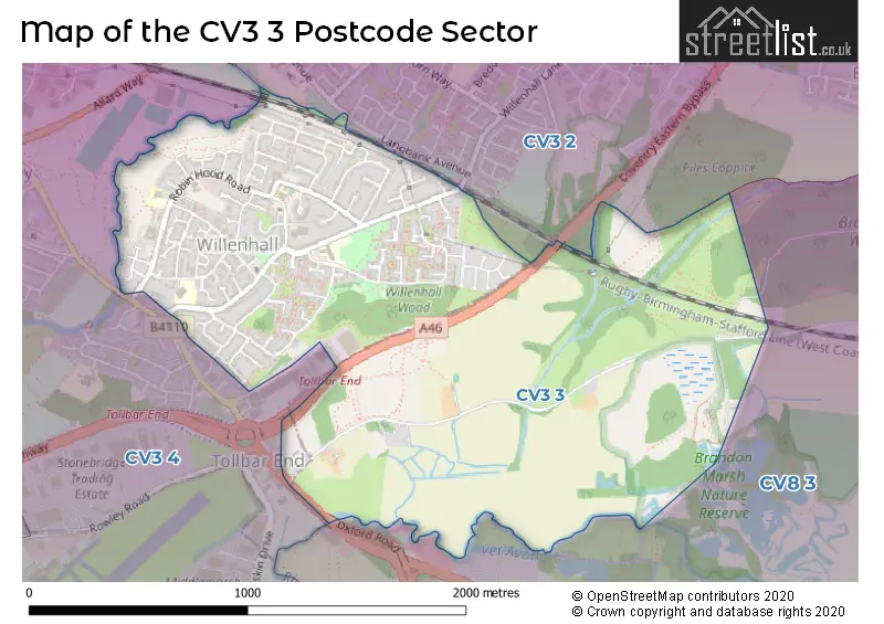 Map of the CV3 3 and surrounding postcode sector