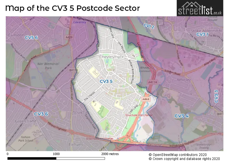 Map of the CV3 5 and surrounding postcode sector