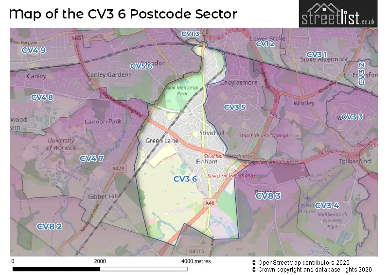 Map of the CV3 6 and surrounding postcode sector
