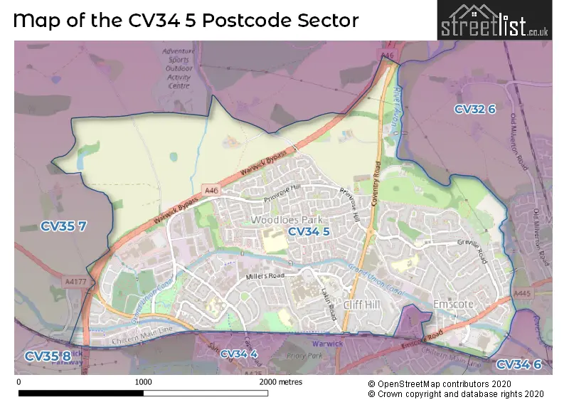 Map of the CV34 5 and surrounding postcode sector