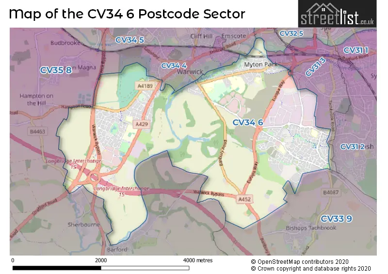 Map of the CV34 6 and surrounding postcode sector