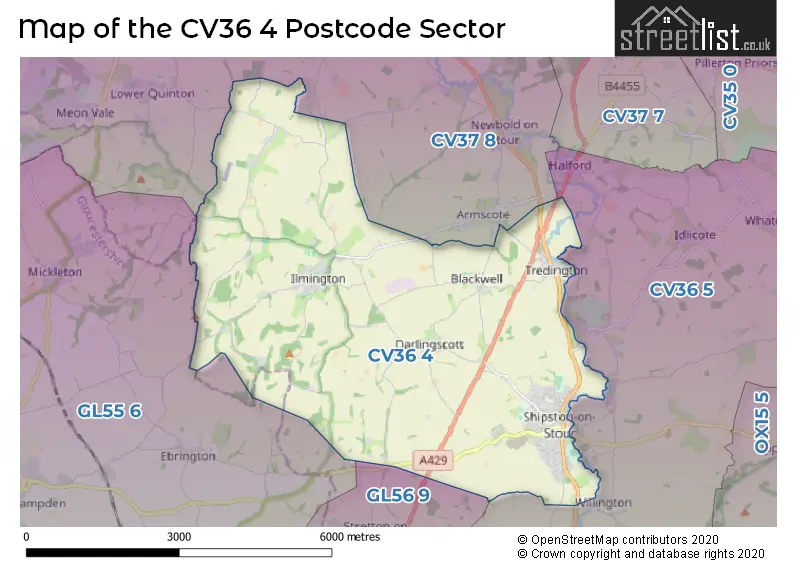 Map of the CV36 4 and surrounding postcode sector