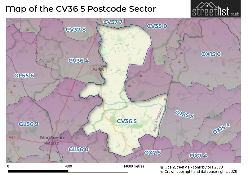 Map of the CV36 5 and surrounding postcode sector