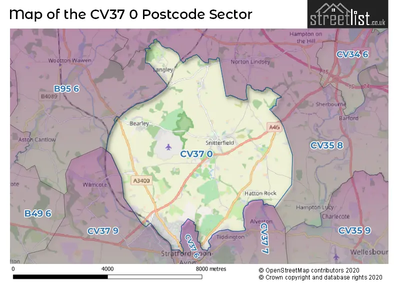 Map of the CV37 0 and surrounding postcode sector