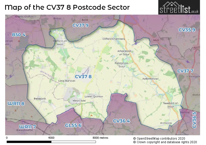 Map of the CV37 8 and surrounding postcode sector