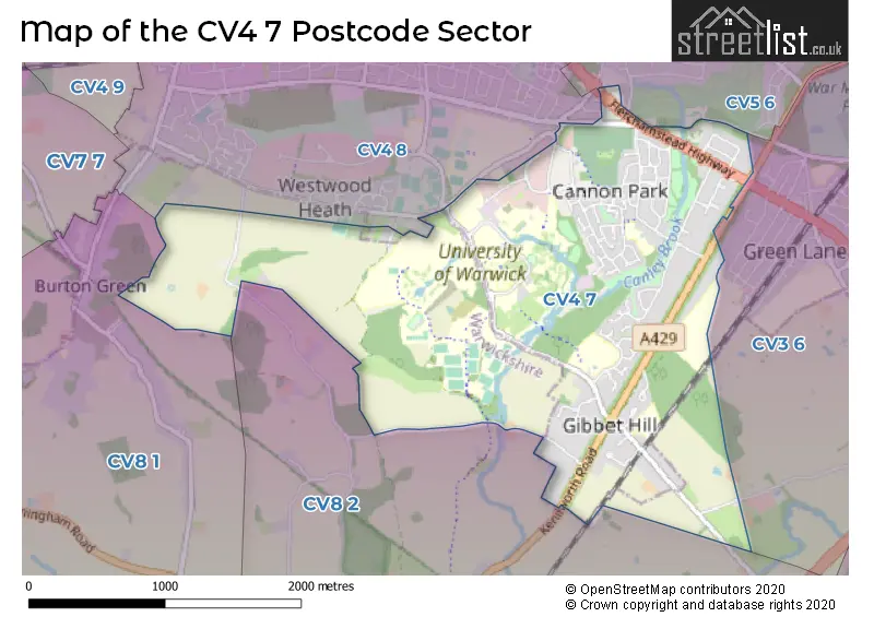 Map of the CV4 7 and surrounding postcode sector