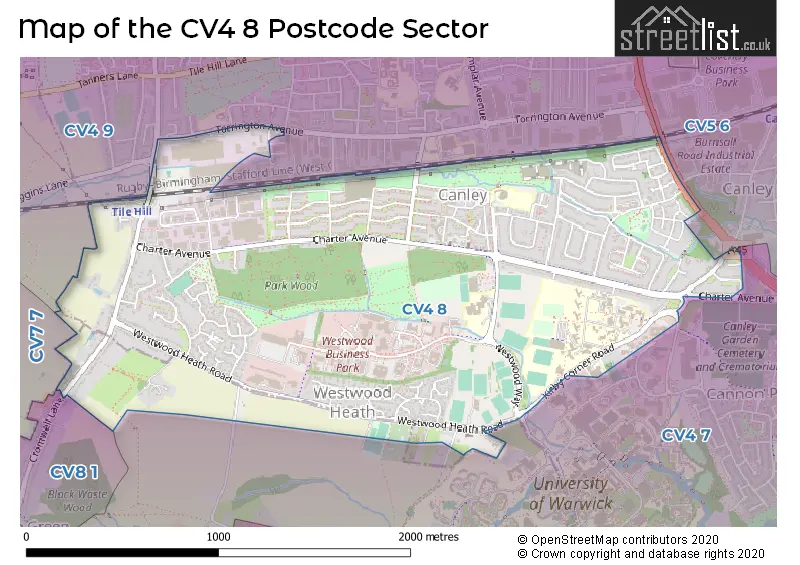 Map of the CV4 8 and surrounding postcode sector