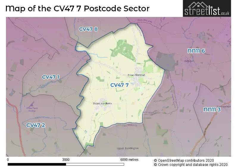 Map of the CV47 7 and surrounding postcode sector