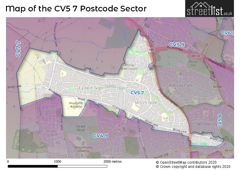 Map of the CV5 7 and surrounding postcode sector
