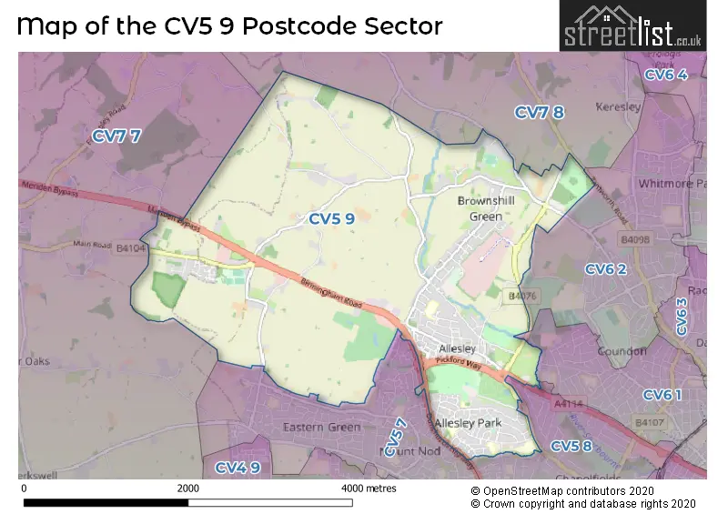 Map of the CV5 9 and surrounding postcode sector