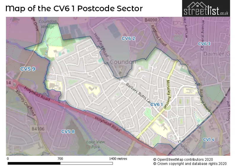 Map of the CV6 1 and surrounding postcode sector