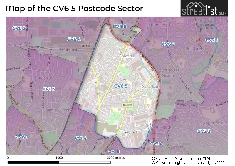 Map of the CV6 5 and surrounding postcode sector
