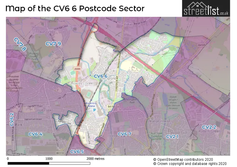 Map of the CV6 6 and surrounding postcode sector