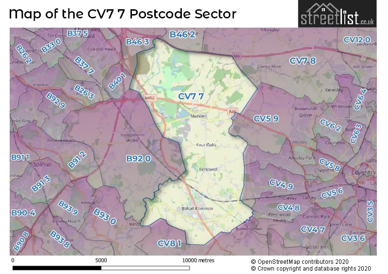 Map of the CV7 7 and surrounding postcode sector