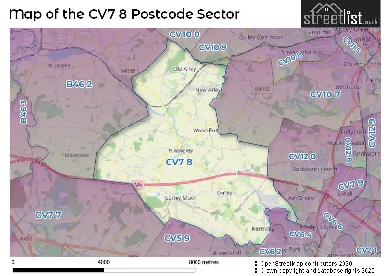 Map of the CV7 8 and surrounding postcode sector