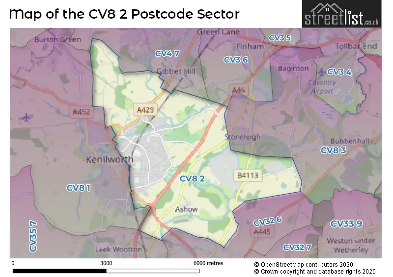 Map of the CV8 2 and surrounding postcode sector