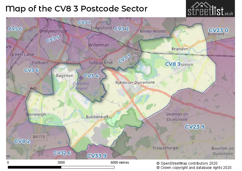 Map of the CV8 3 and surrounding postcode sector